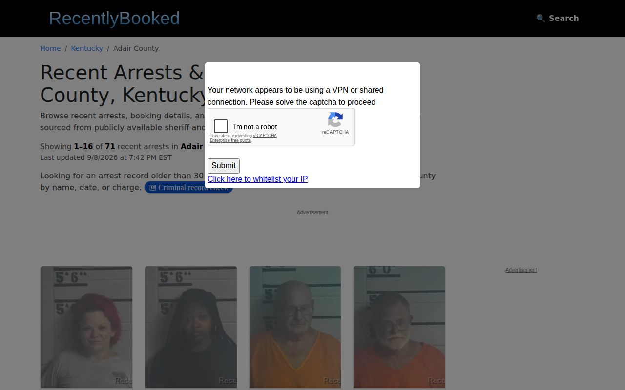 Unofficial Adair County multi-day arrest results window with booking dates