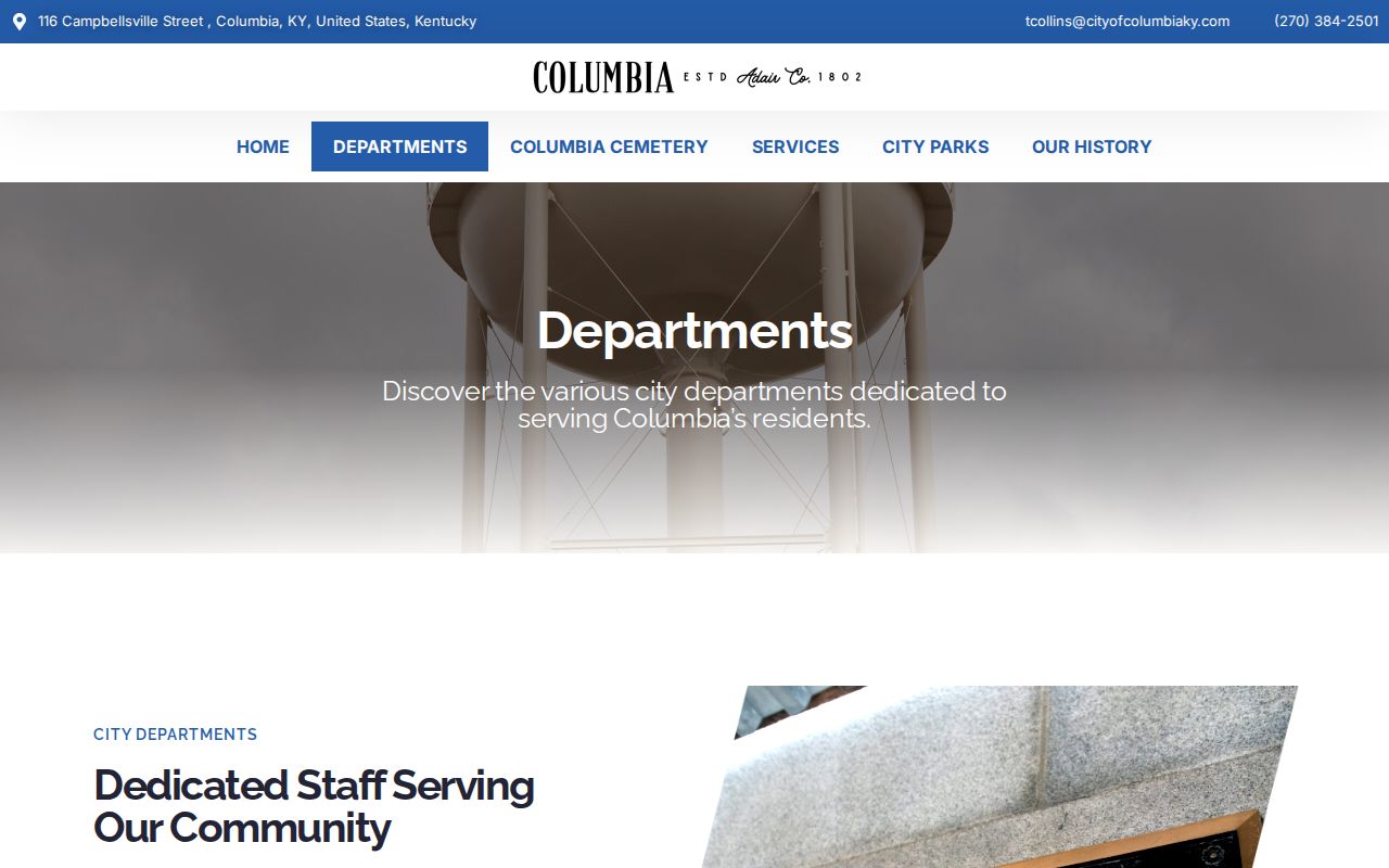 City of Columbia departments page with Columbia Police Department information