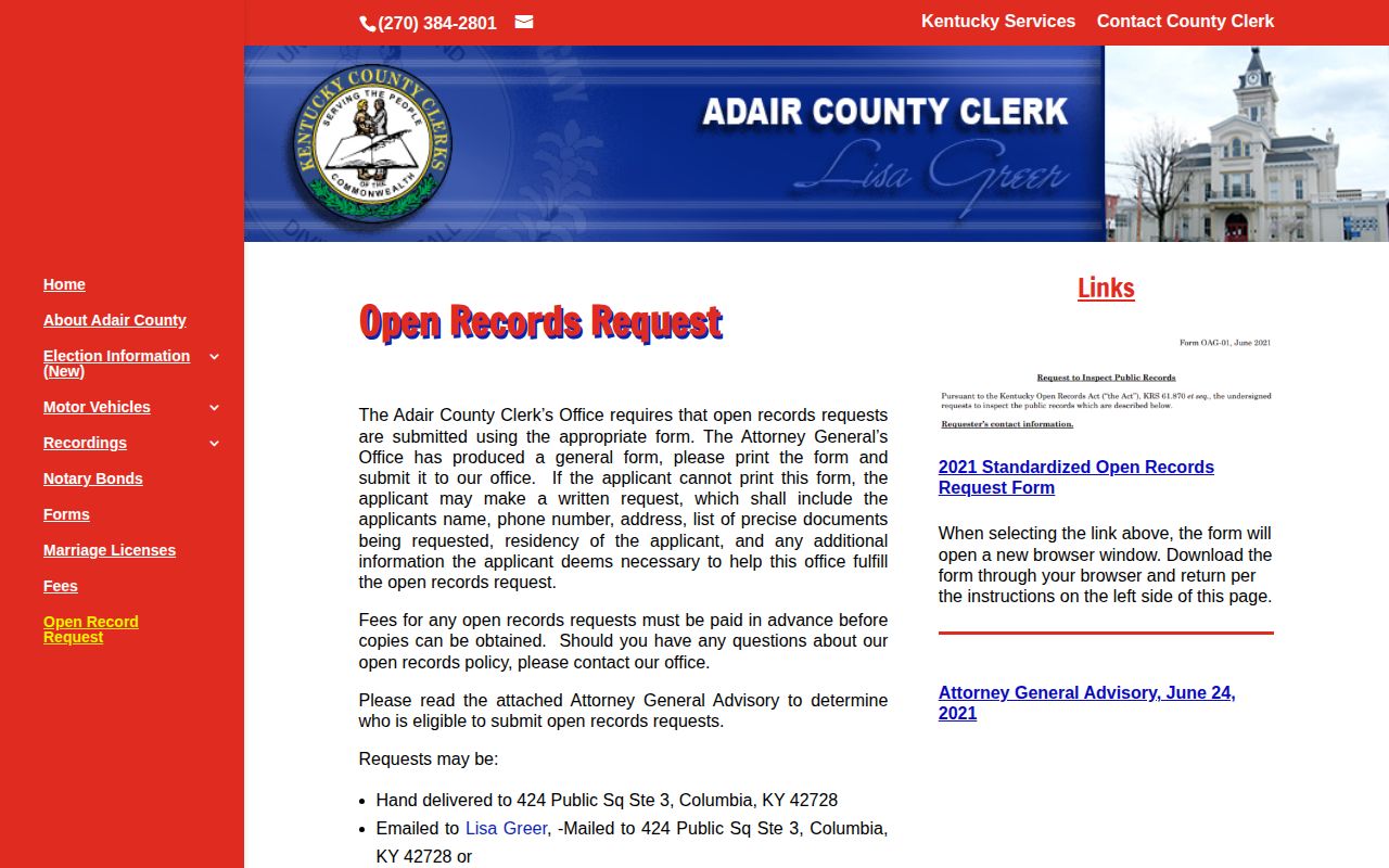 Adair County open-records request instructions and delivery options