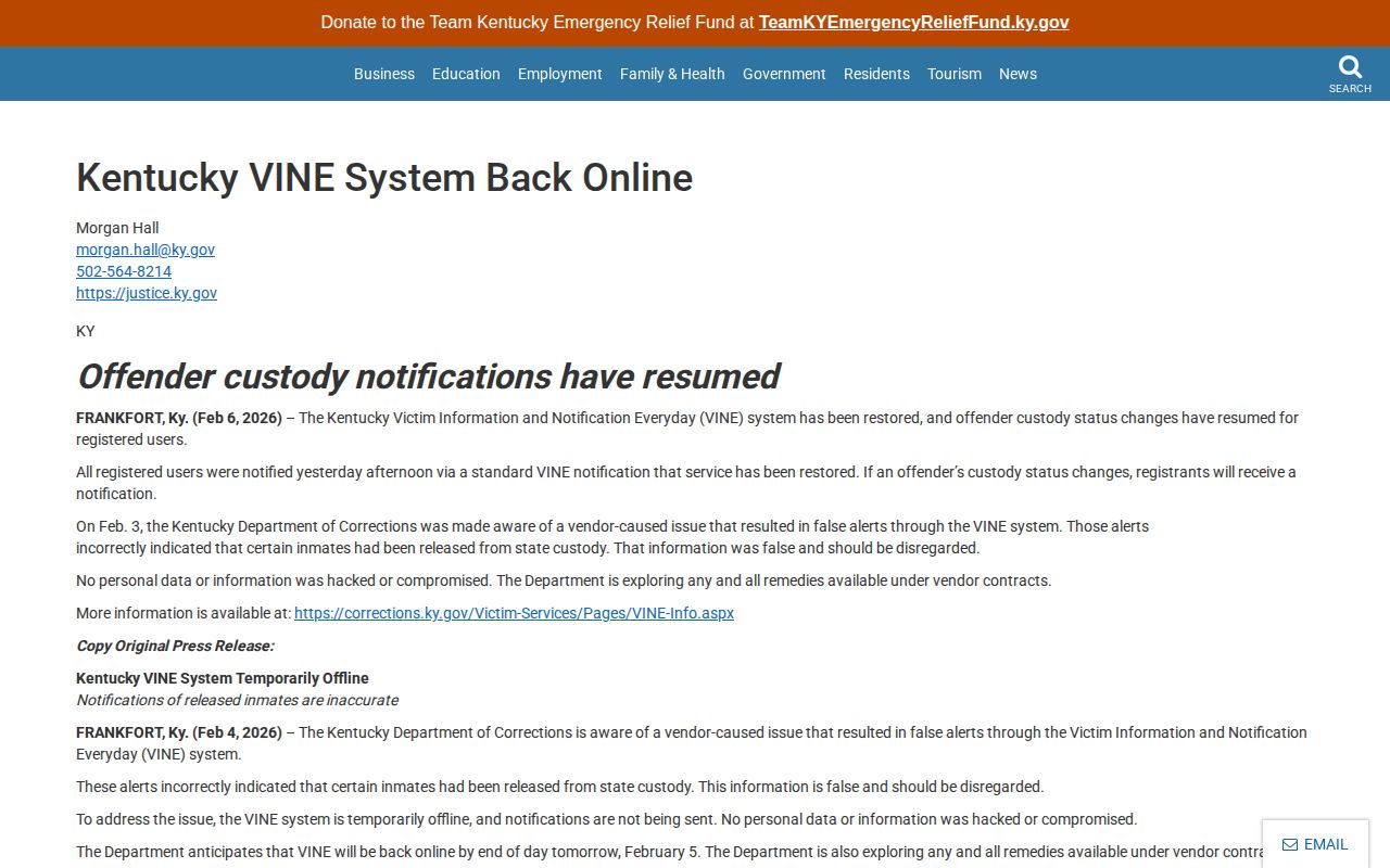 Kentucky VINE service interruption notice relevant to Adair County alerts